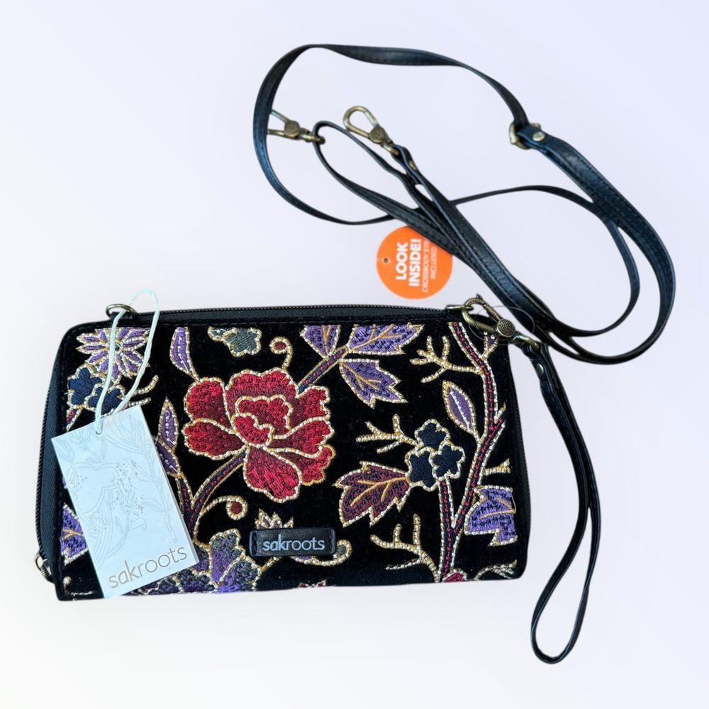 Sakroots Embroidered Large Smartphone Crossbody Embroidered Black Flower Power - Picture 4 of 10